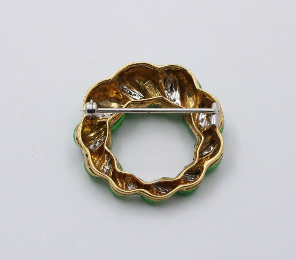 Vintage 18K Yellow Gold Diamond Green Enamel Wreath Brooch