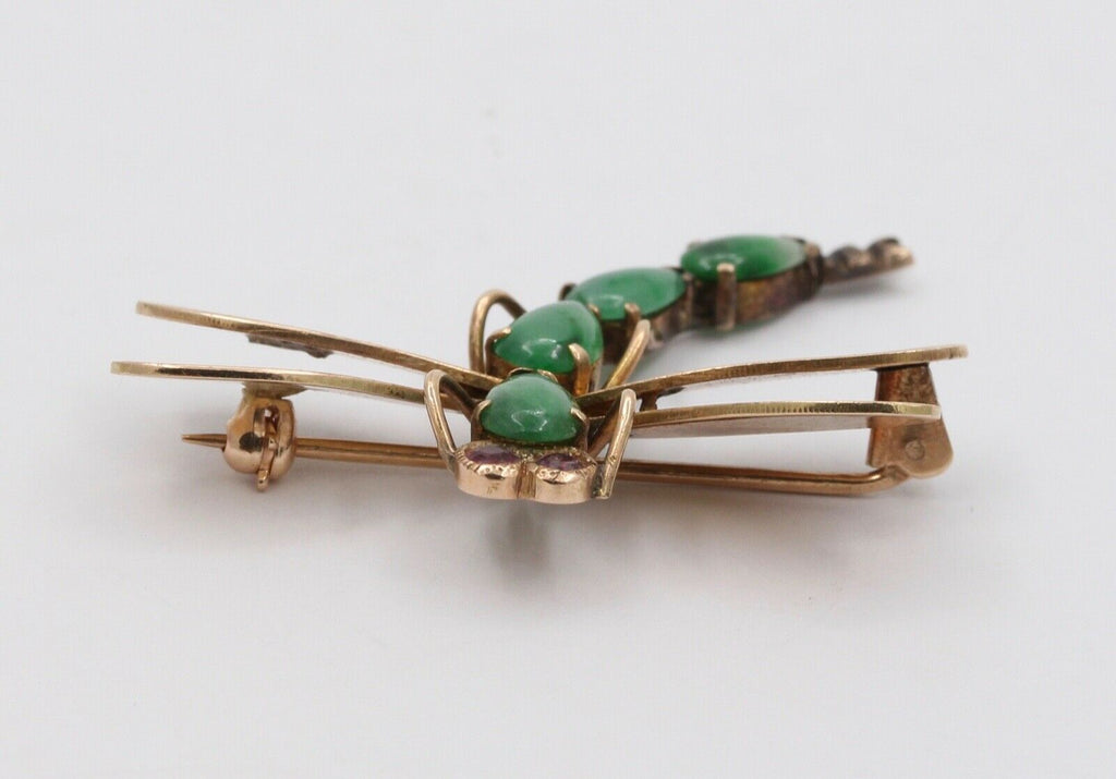 Vintage 14K Yellow Gold Jade Rubies Dragonfly Brooch Pin