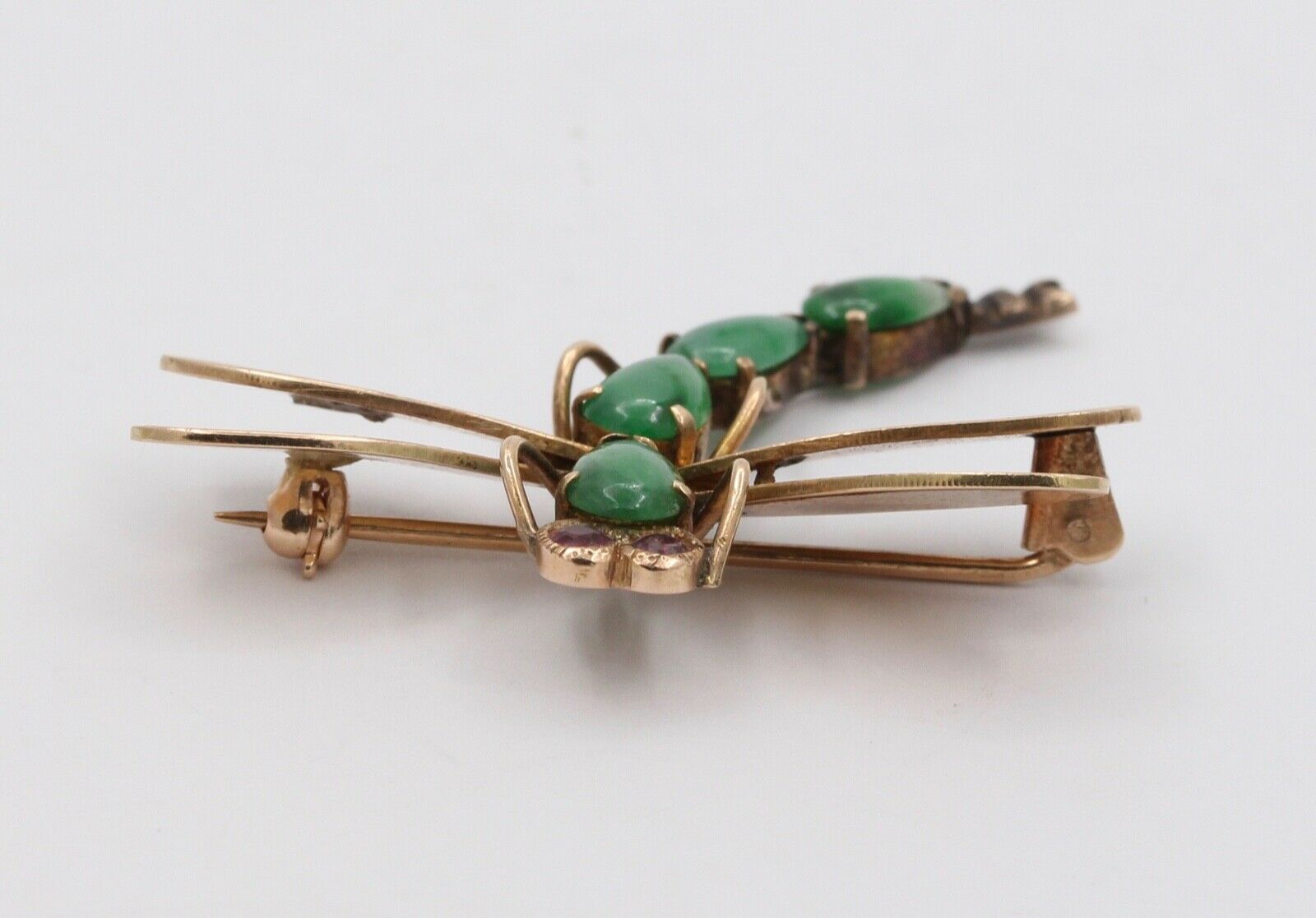 Vintage 14K Yellow Gold Jade Rubies Dragonfly Brooch Pin