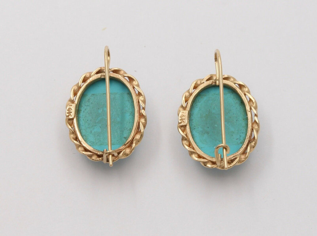 Vintage Turquoise 14K Yellow Gold Frame Dangling Earrings, Estate.
