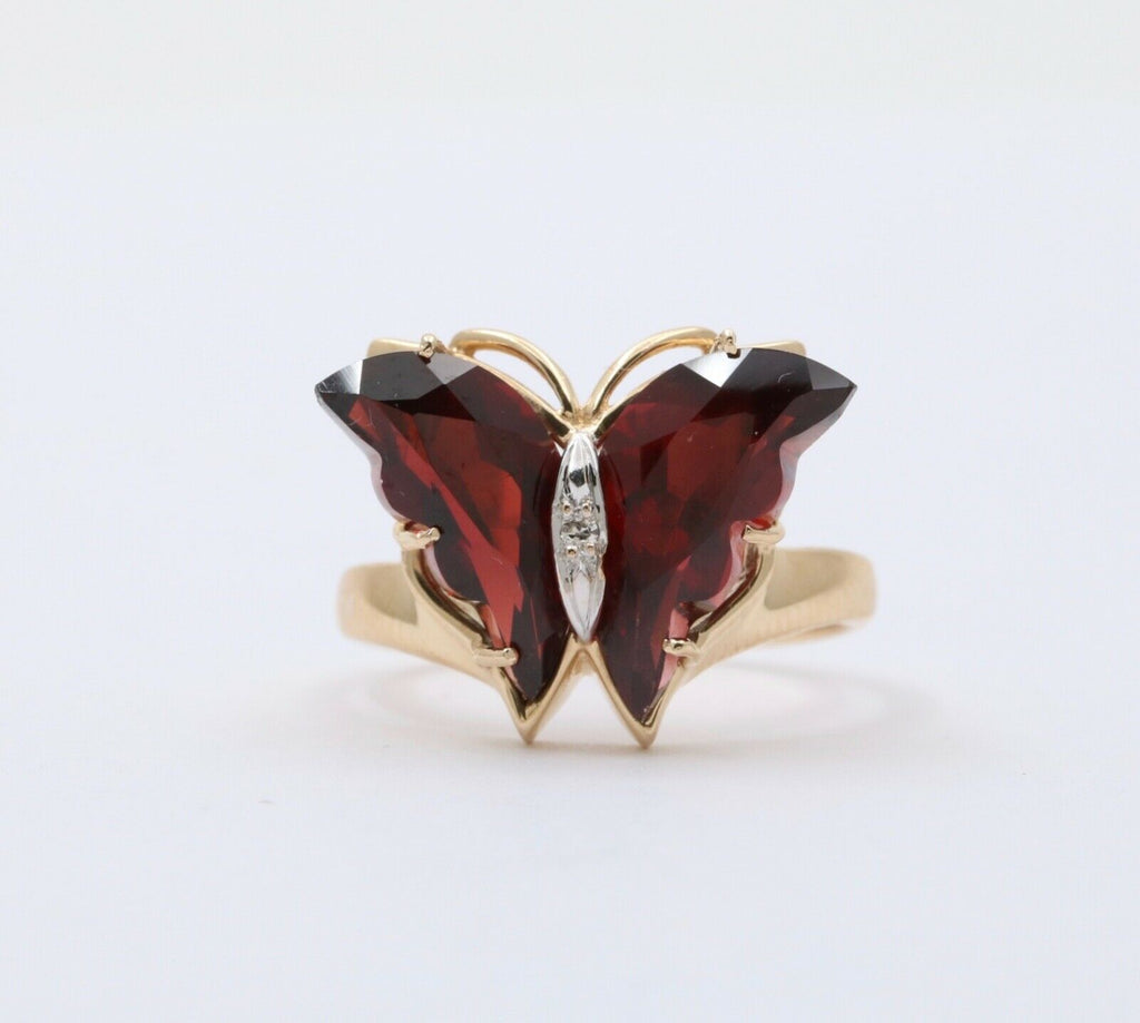 Vintage Butterfly Garnets Diamond 14K Yellow White Gold Ring