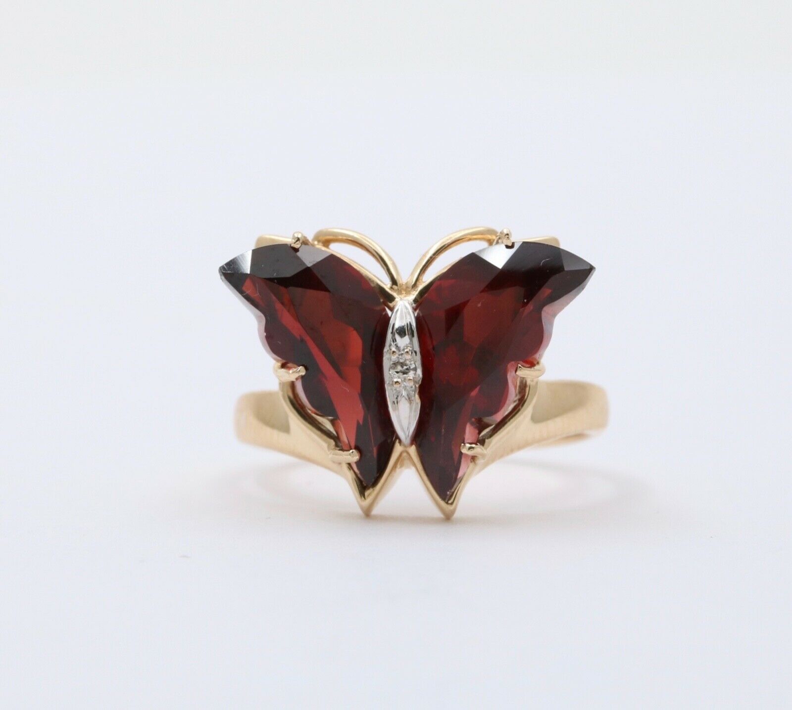 Vintage Butterfly Garnets Diamond 14K Yellow White Gold Ring