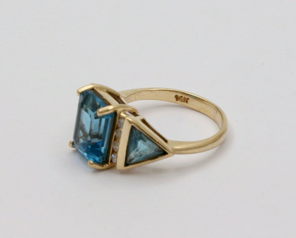 Vintage Emerald-cut London Blue Topaz 14K Yellow Gold Diamond Ring, Cocktail Rin