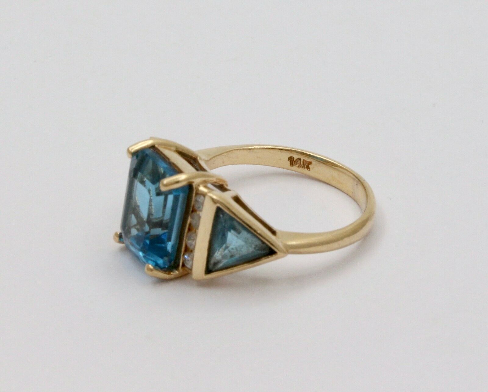 Vintage Emerald-cut London Blue Topaz 14K Yellow Gold Diamond Ring, Cocktail Rin