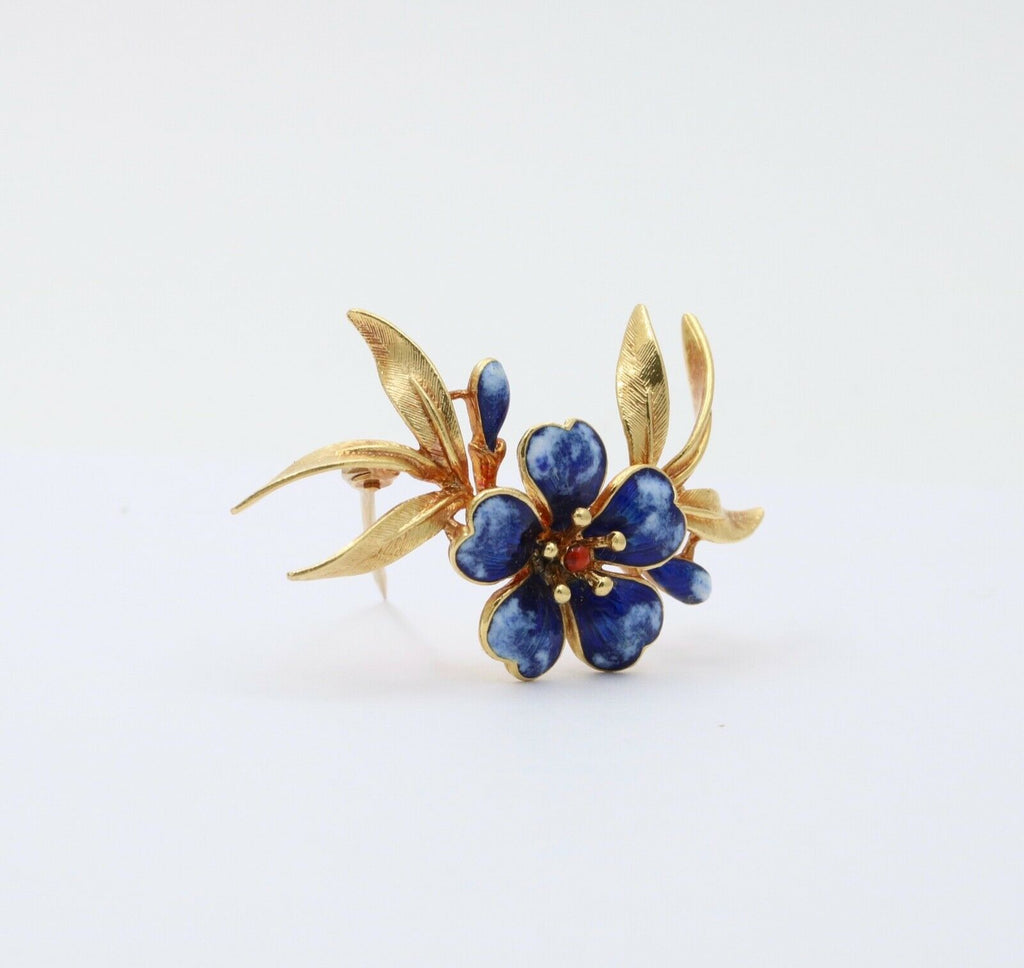 Vintage UNO A ERRE 18K Yellow Gold Blue Enamel Flower Brooch Pin Estate Jewelry