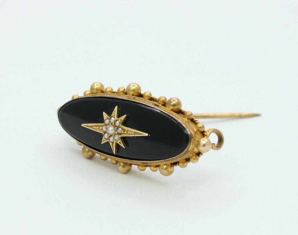 Victorian 15K Yellow Gold Black Onyx Seed Pearls Memorial Brooch