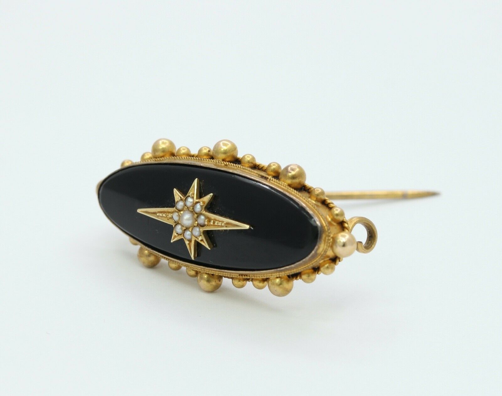Victorian 15K Yellow Gold Black Onyx Seed Pearls Memorial Brooch