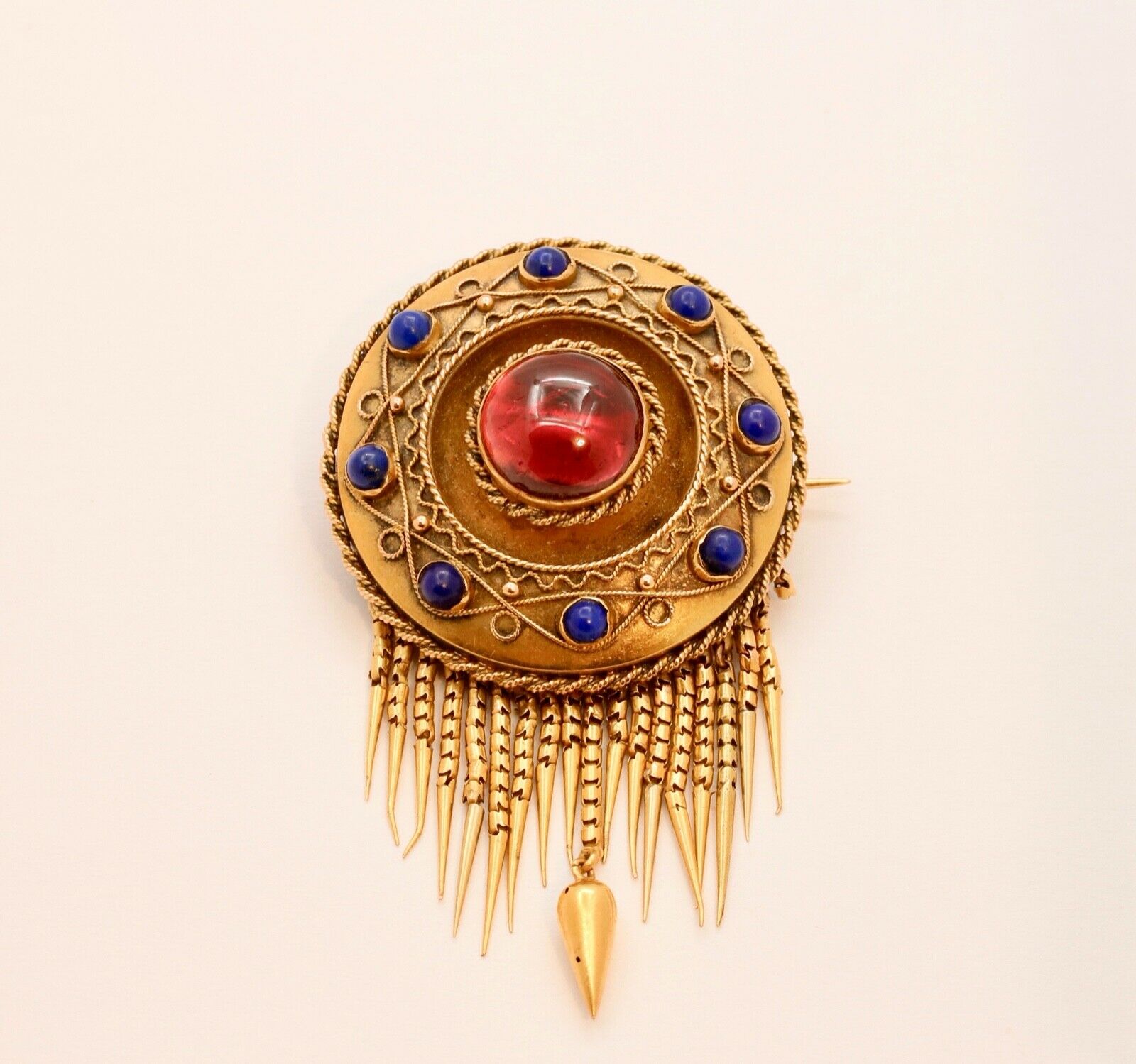 Victorian Memorial Garnet Lapis Lazuli 14K Yellow Gold Brooch Pin