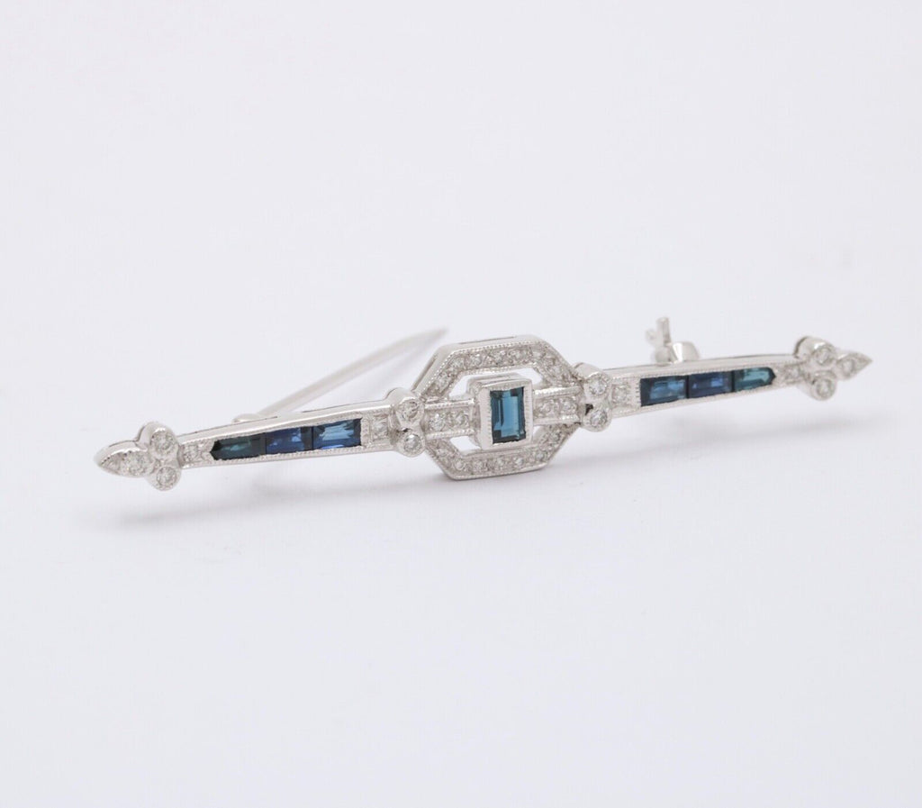 Vintage Art Deco Style 18K White Gold Diamond and Sapphire Bar pin, Brooch