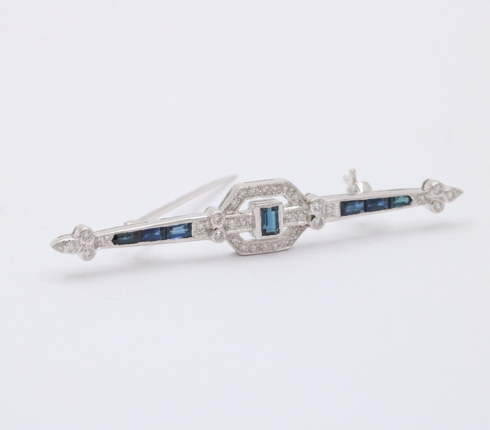 Vintage Art Deco Style 18K White Gold Diamond and Sapphire Bar pin, Brooch