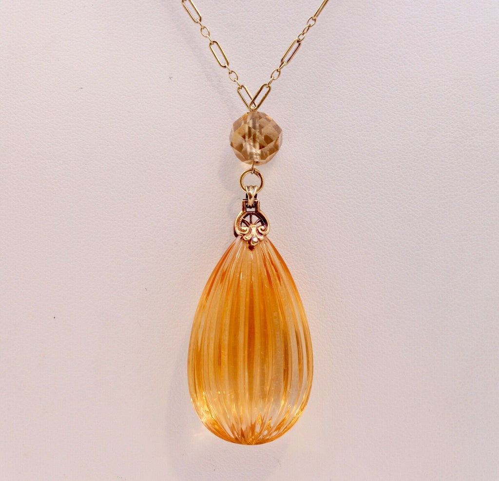 Edwardian Teardrop Citrine 14K Yellow Gold Pendant and Chain