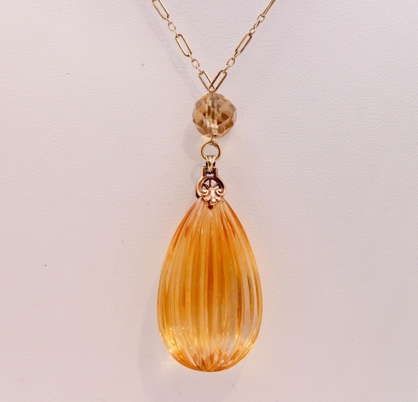 Edwardian Teardrop Citrine 14K Yellow Gold Pendant and Chain