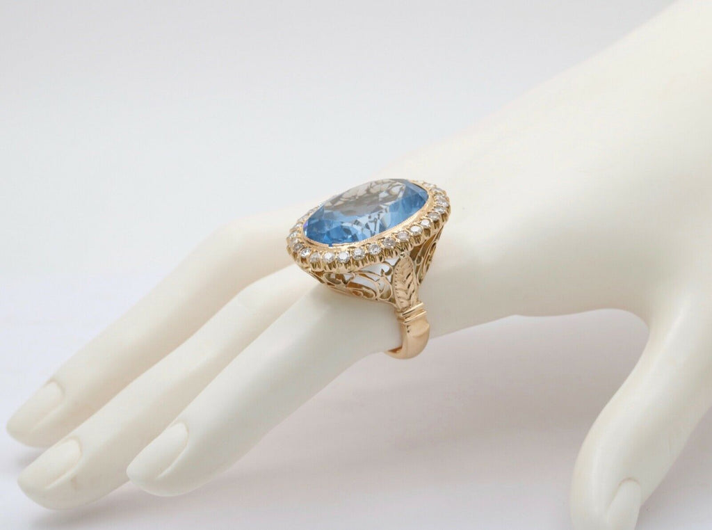 Vintage 24 Carat Blue Topaz Diamonds 14K Yellow Gold Ring