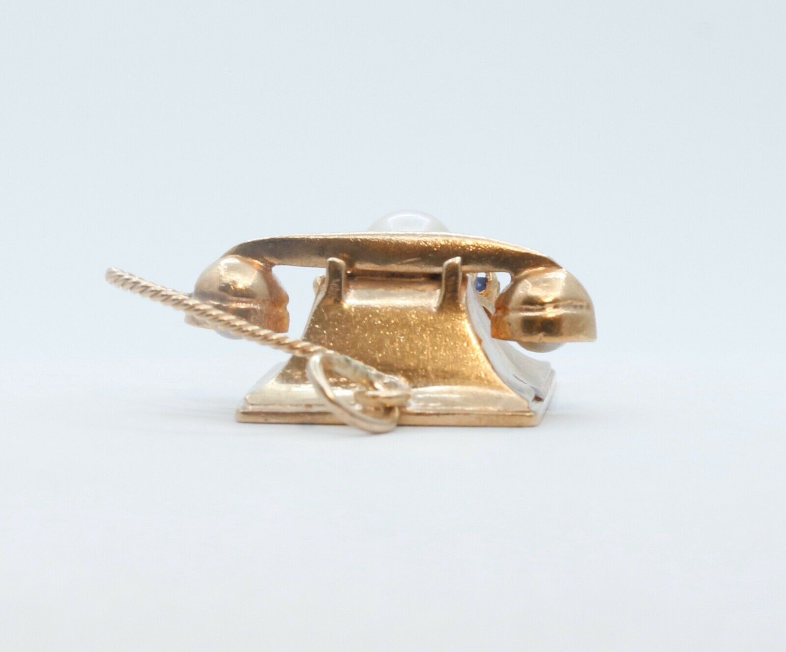 Vintage Moveable Telephone 14K Yellow Gold Pearl Sapphires Rubies Pendant Charm