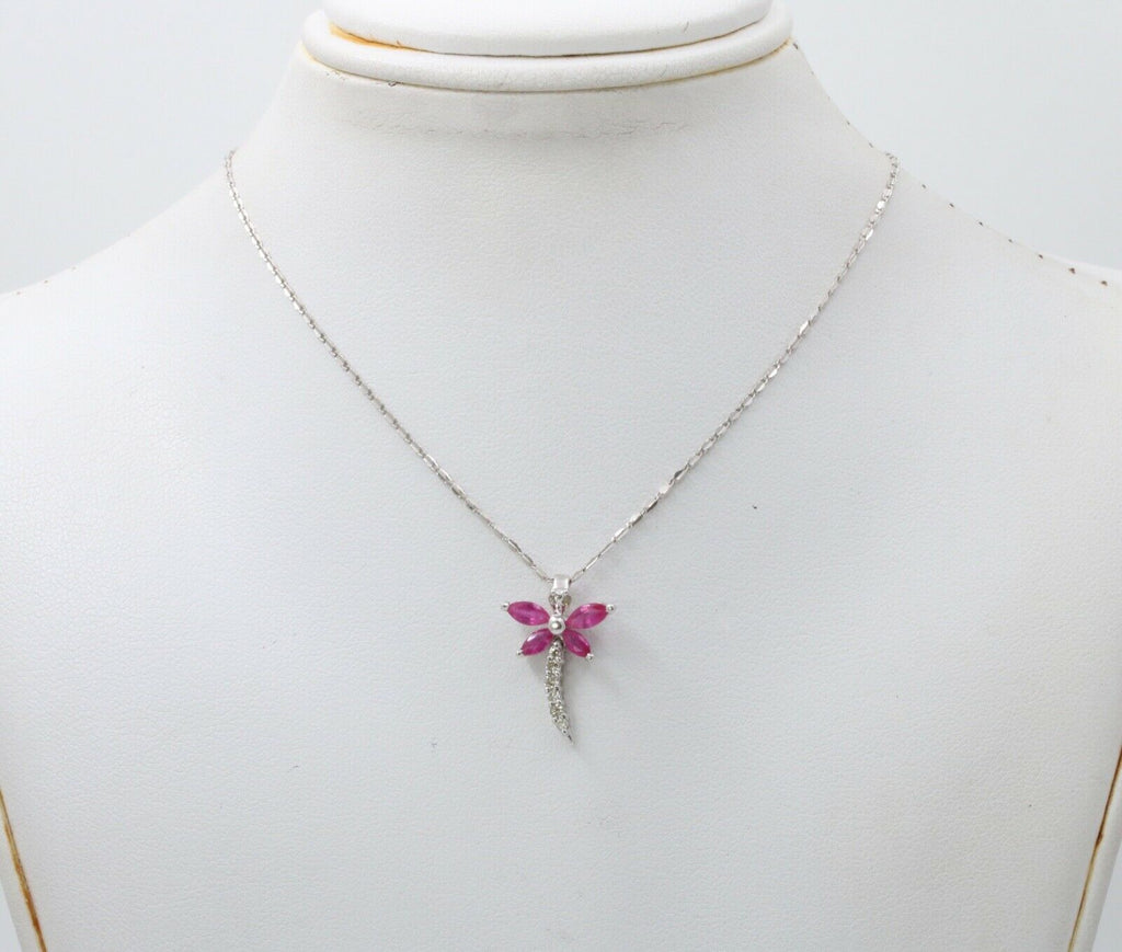 Sweet 14K White Gold Ruby Diamond Dragonfly Pendant Necklace