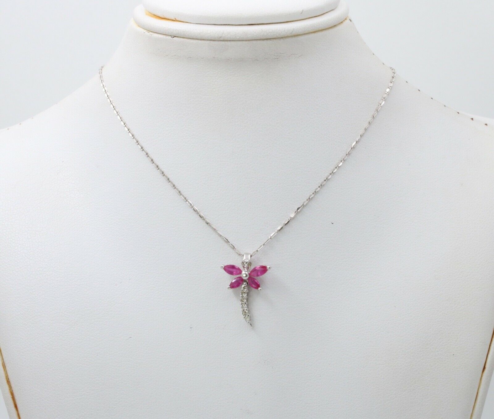 Sweet 14K White Gold Ruby Diamond Dragonfly Pendant Necklace