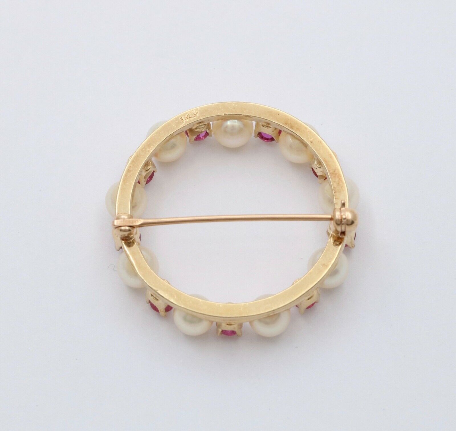 Vintage Rubies Cultured Pearls 14K Yellow Gold Brooch Pin