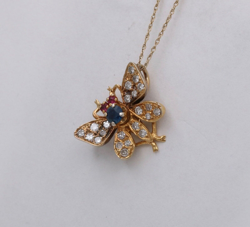 Vintage Butterfly Sapphire Ruby Diamond 14K Yellow Gold Brooch Pin