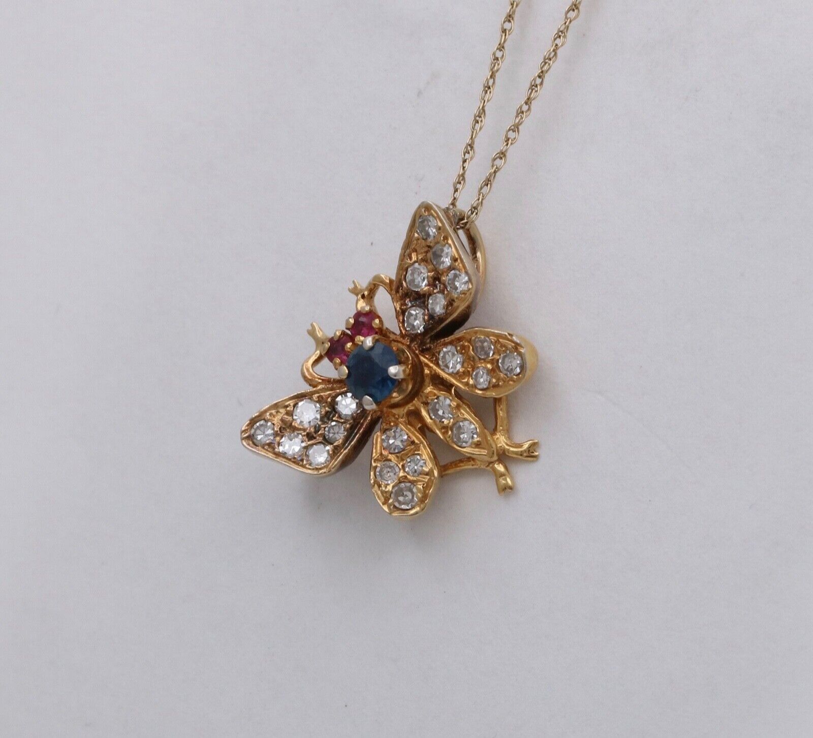 Vintage Butterfly Sapphire Ruby Diamond 14K Yellow Gold Brooch Pin