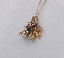 Load image into Gallery viewer, Vintage Butterfly Sapphire Ruby Diamond 14K Yellow Gold Brooch Pin
