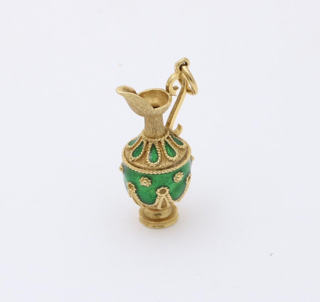 Vintage 18K yellow Gold Green Enamel European Jug Pitcher Charm Pendant.