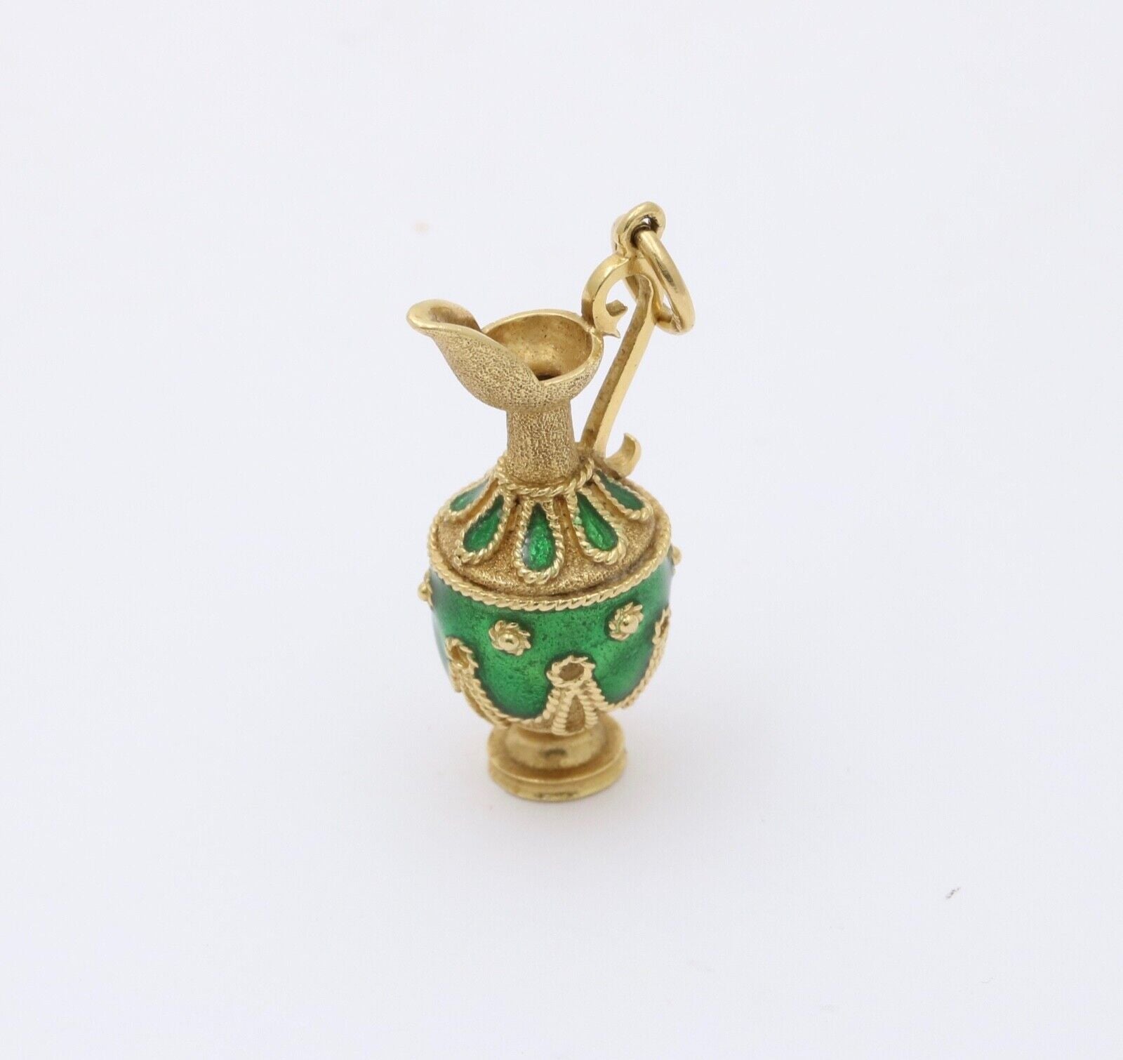 Vintage 18K yellow Gold Green Enamel European Jug Pitcher Charm Pendant.