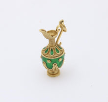 Load image into Gallery viewer, Vintage 18K yellow Gold Green Enamel European Jug Pitcher Charm Pendant.
