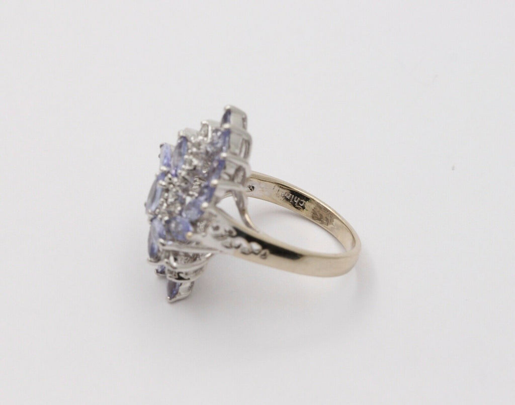 Vintage Tanzanite Diamonds 14K White Gold Pinwheel Cluster Ring