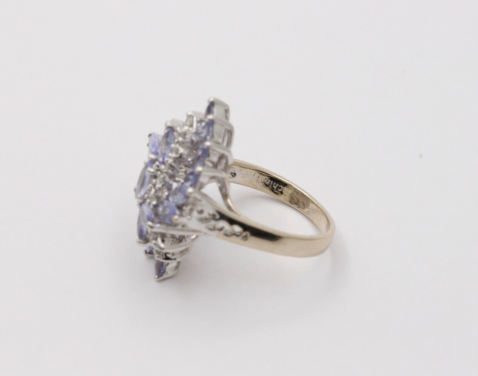 Vintage Tanzanite Diamonds 14K White Gold Pinwheel Cluster Ring