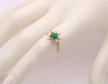 Load image into Gallery viewer, Vintage 14K Yellow Gold Emerald and Diamond Floral Ring, Engagement Ring
