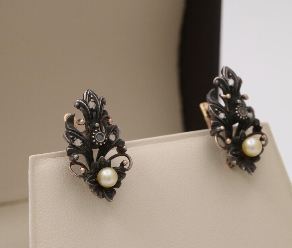 Victorian 10K Gold Diamond And Pearl Earrings