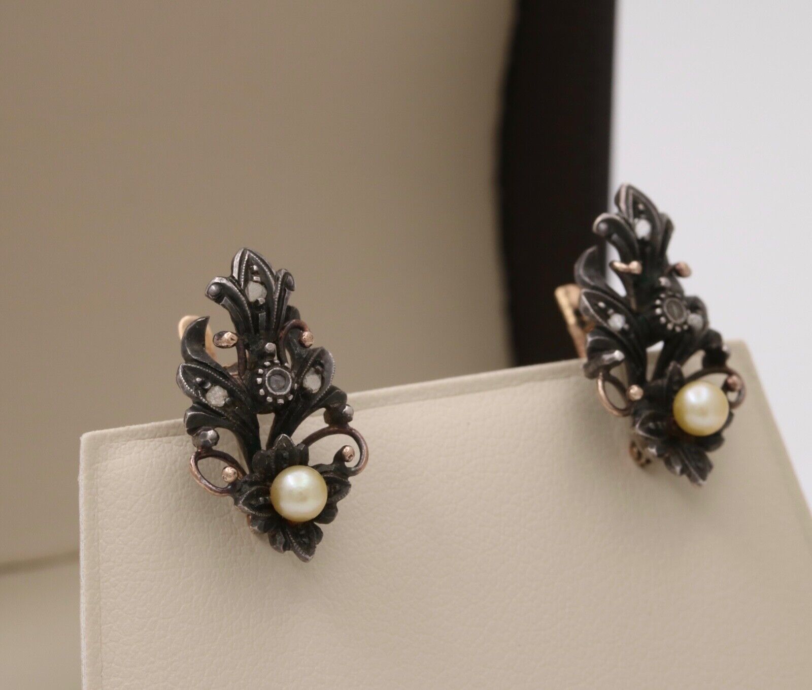Victorian 10K Gold Diamond And Pearl Earrings