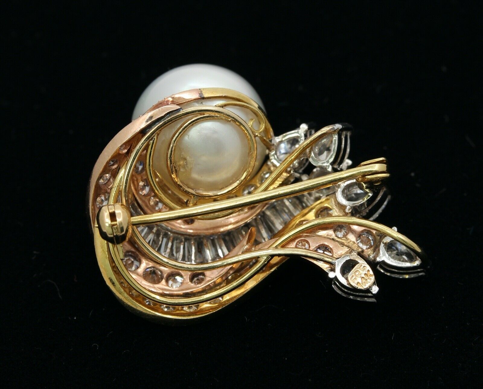 Vintage 14K Rose Yellow White Gold Diamonds 12.6MM Pearl Brooch Pin