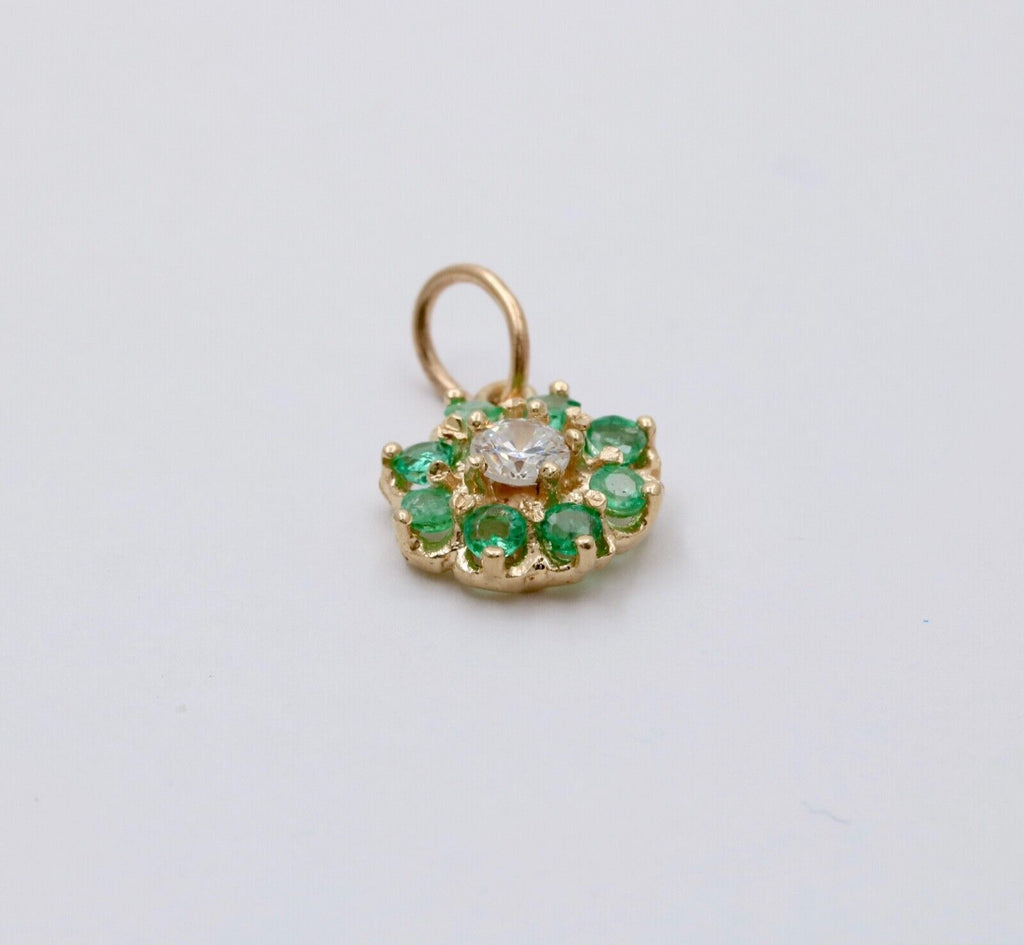 Vintage Flower Diamond Emerald 14K Yellow Gold Pendant