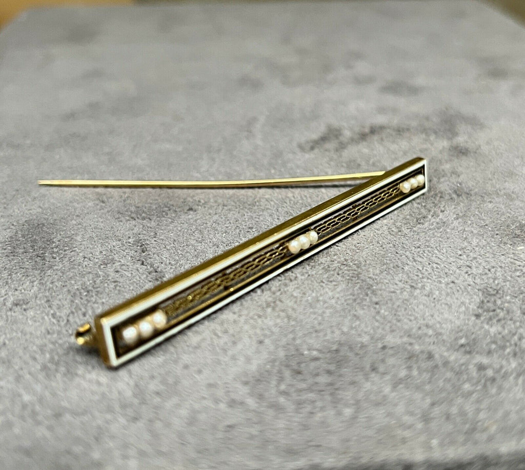 Antique Art Deco 14K Yellow Gold White & Black Enamel Seed Pearl Bar Pin Brooch