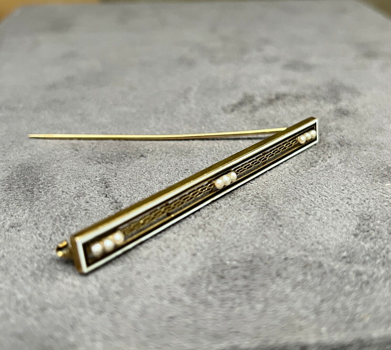 Antique Art Deco 14K Yellow Gold White & Black Enamel Seed Pearl Bar Pin Brooch