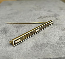 Load image into Gallery viewer, Antique Art Deco 14K Yellow Gold White &amp; Black Enamel Seed Pearl Bar Pin Brooch
