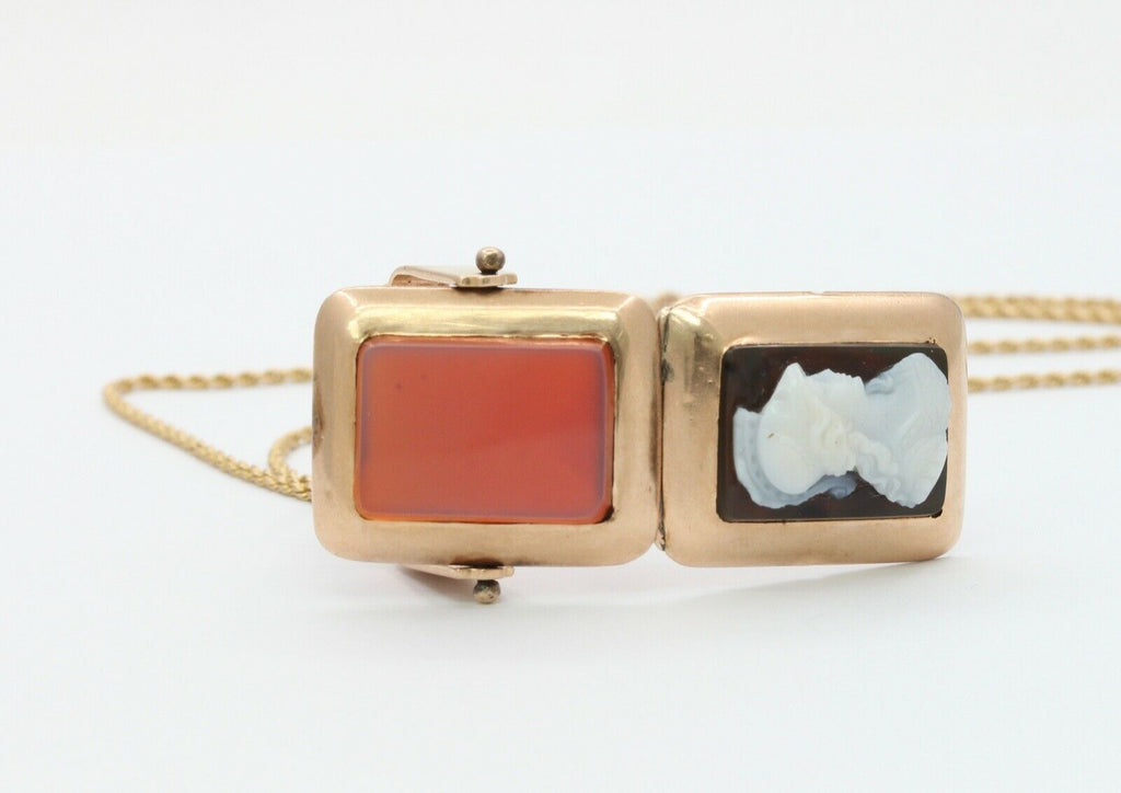Victorian 10K Gold Onyx Sardonyx Spinning Locket Pendant Chain