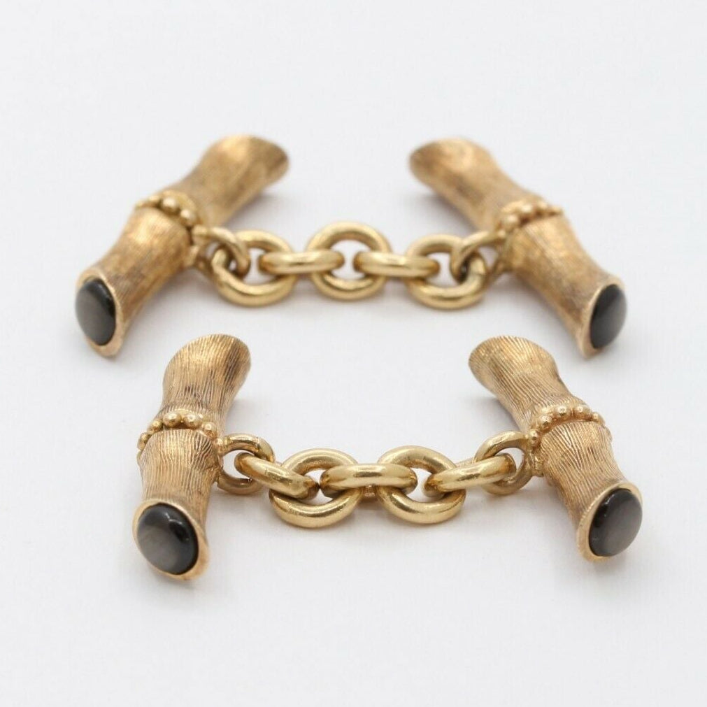 Vintage 14K Yellow Gold  Bamboo Black Star Sapphires Cufflinks