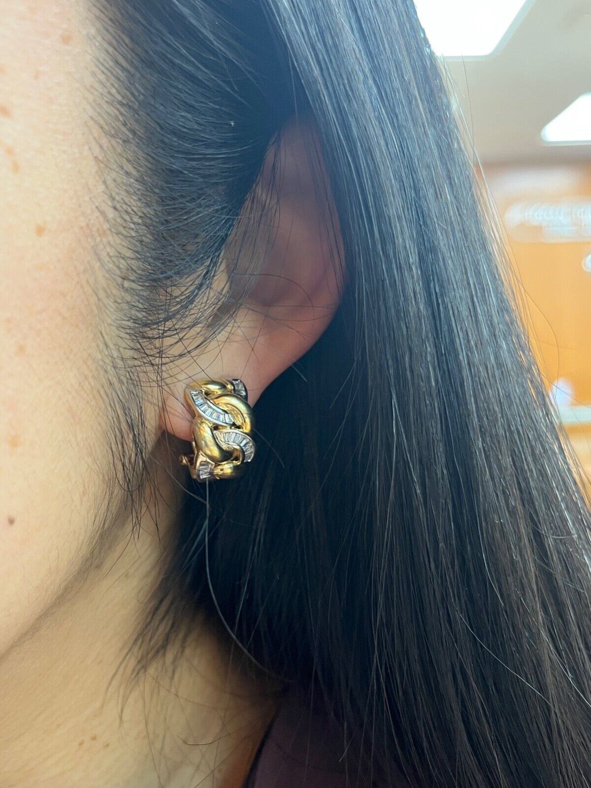 Vintage 14k Gold Diamond Curb Link Huggie Earrings.