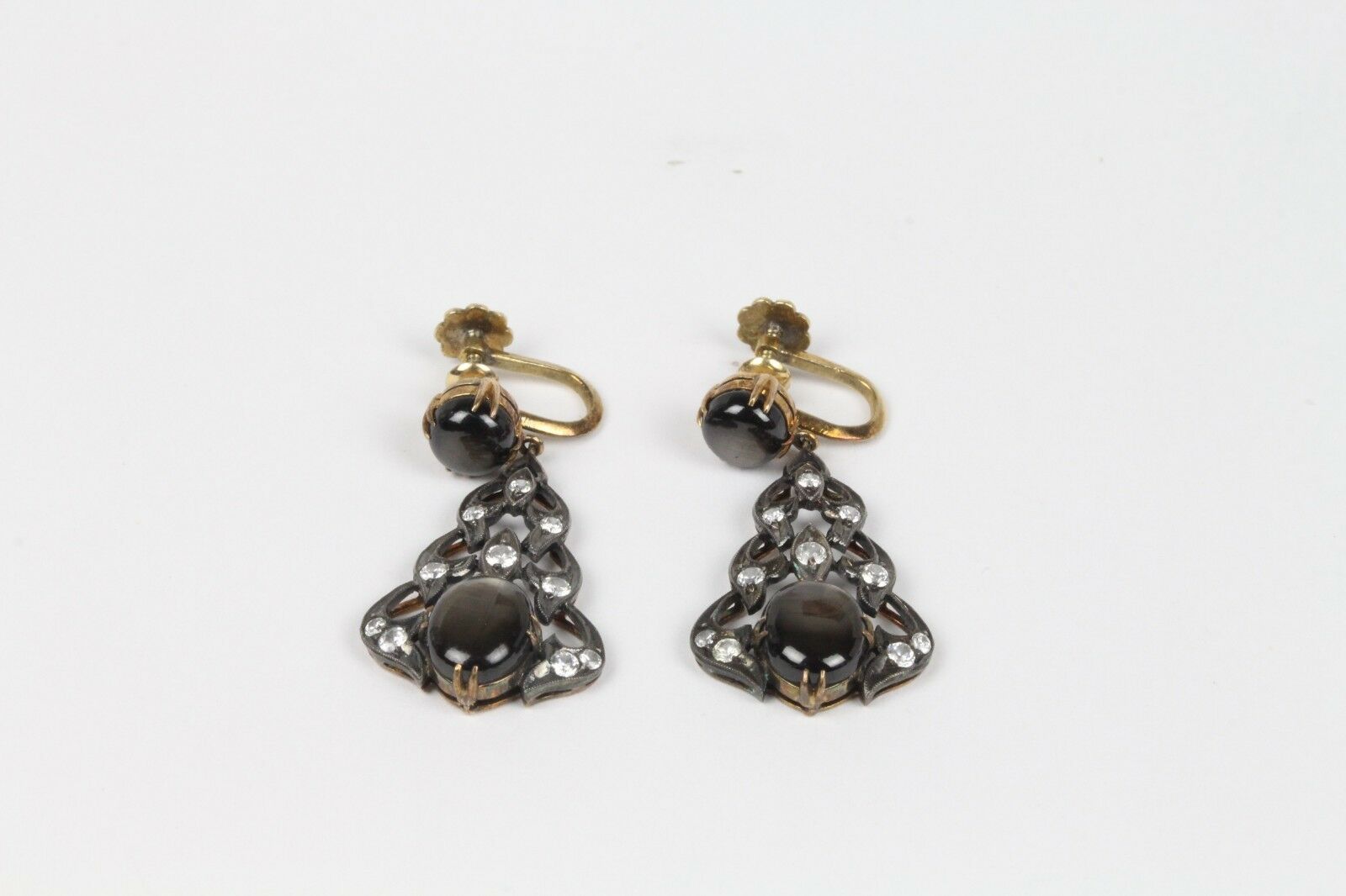 Victorian 14K Yellow Gold and Silver Black Star Sapphire Chandelier Earrings