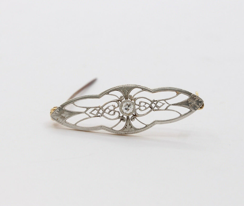 Vintage Art Deco 14K Yellow and White Gold Diamond Brooch Pin