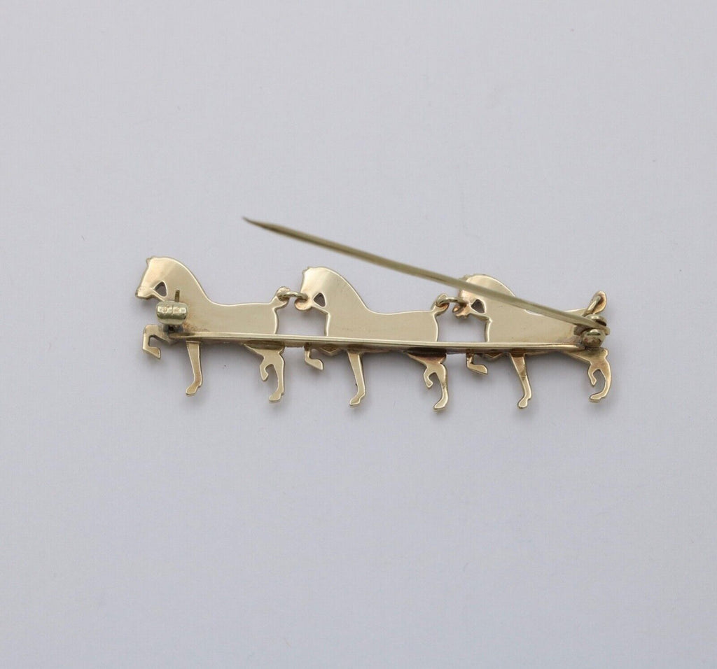 Victorian Hackney Horses Seed Pearls Red Enamel 14K Yellow Gold Brooch