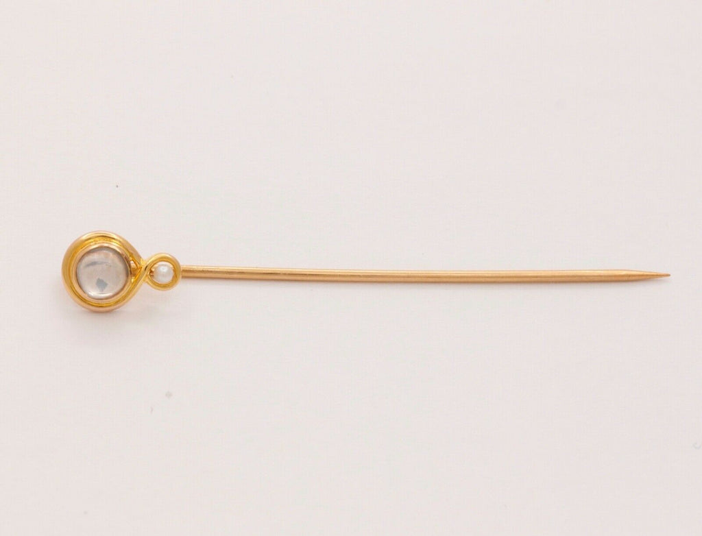 Art Nouveau Moonstone Seed Pearl 14K Yellow Gold Stick Pin