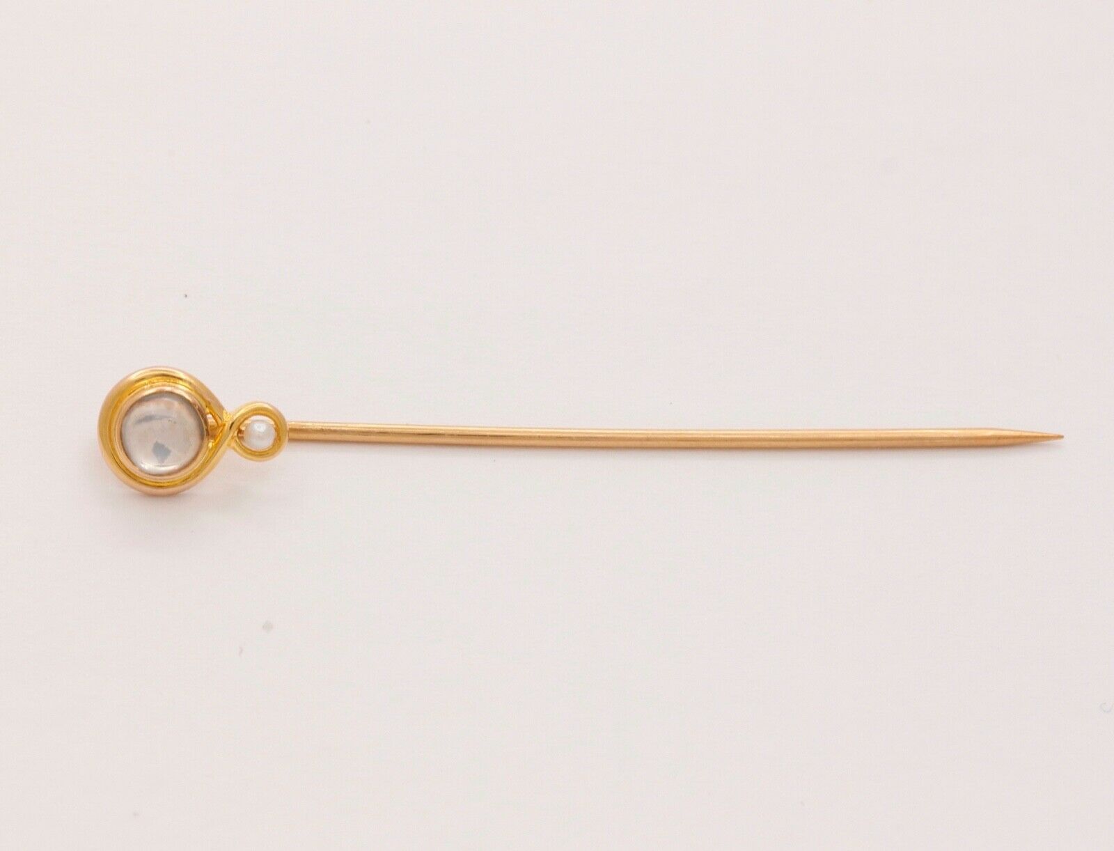 Art Nouveau Moonstone Seed Pearl 14K Yellow Gold Stick Pin