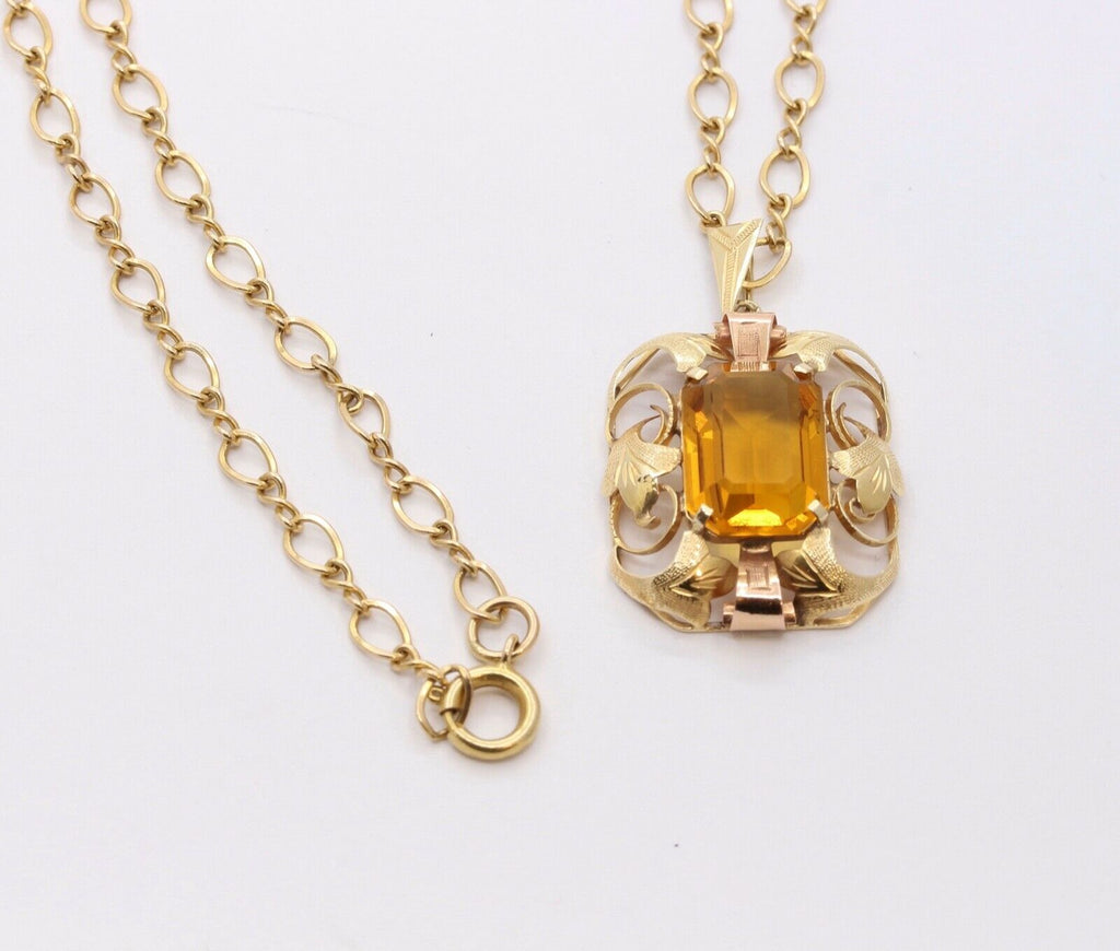 Lovely Vintage 14K Yellow Rose Gold Citrine Pendant 10K Open Link Chain