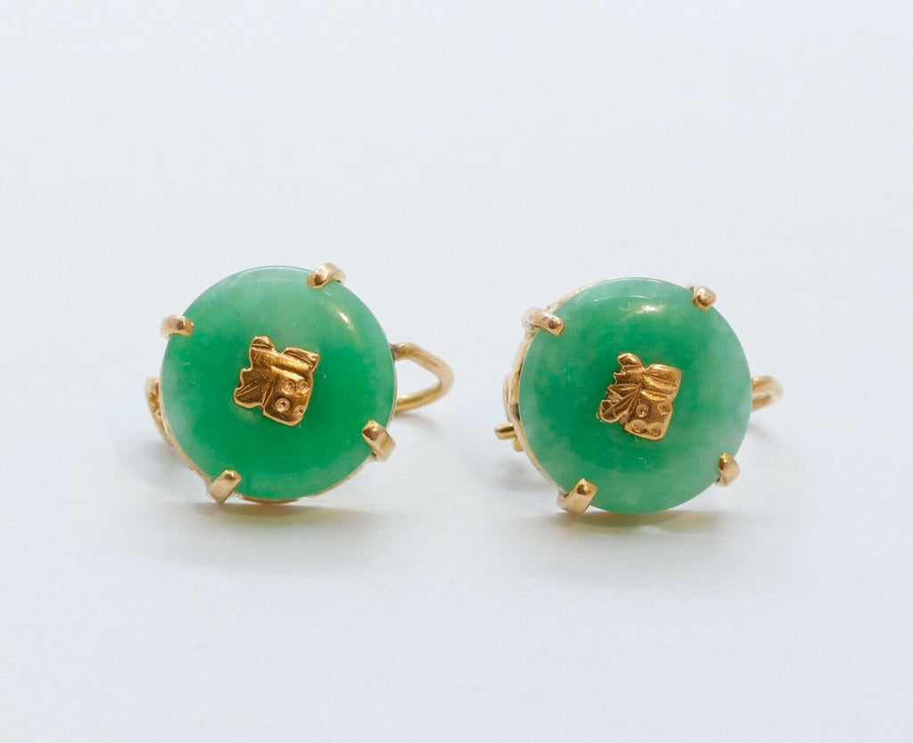 Vintage Good Luck Jade 14K Yellow Gold Earrings
