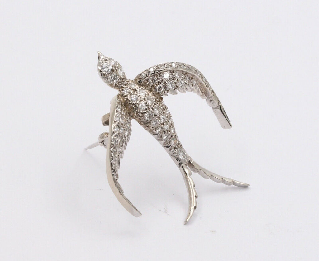 Vintage Swallow Bird Diamonds 14K White Gold Pendant Brooch Pin