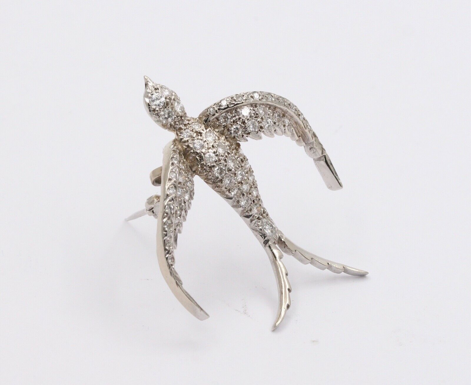 Vintage Swallow Bird Diamonds 14K White Gold Pendant Brooch Pin