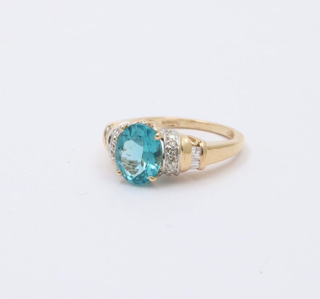 Vintage Blue Zircon And Diamond 14K Yellow Gold Ring Band, Engagement Ring